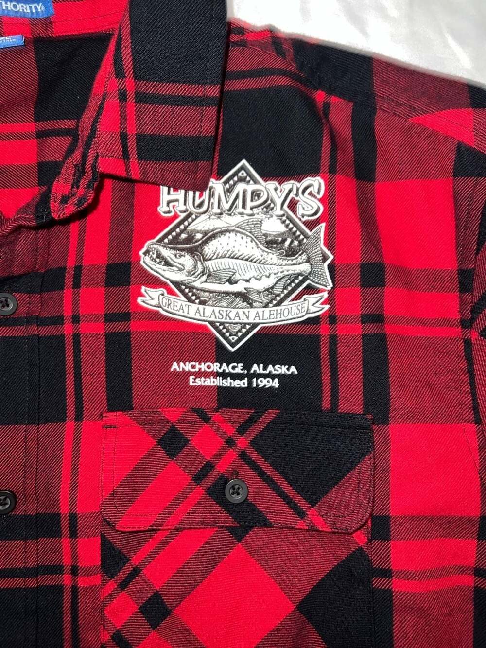 Port Authority Humpy's Great Alaskan Alehouse Red Plaid Flannel Shirt Size XL